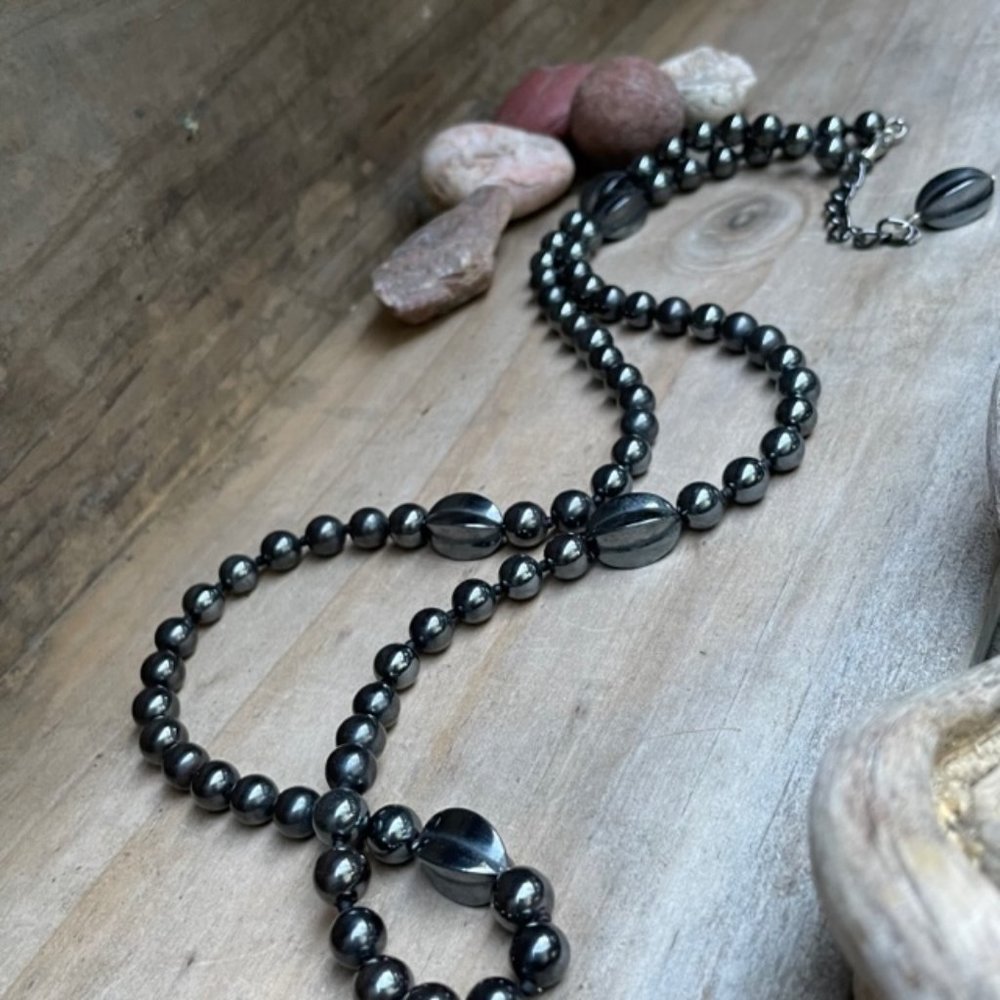 Vintage Long Graphite Hematite Charcoal Grey Bead Necklace